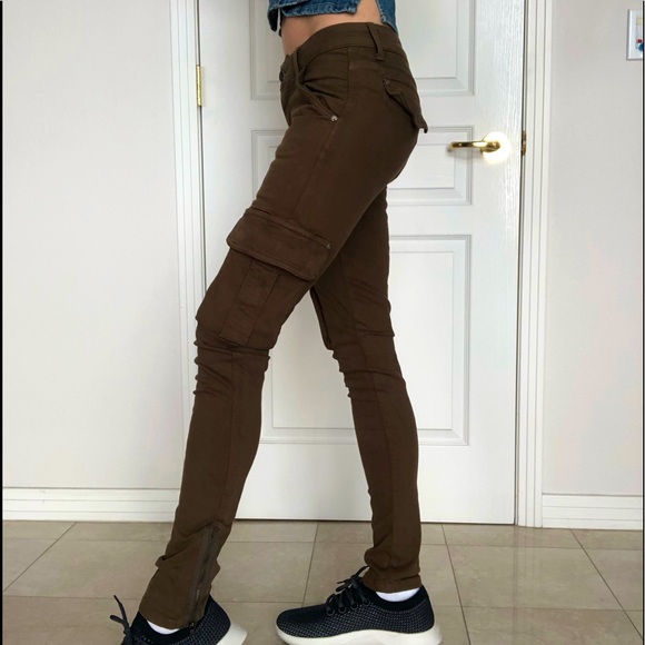 Alice + Olivia CARGO Skinny Dark Olive Brown Pockets Pants Sz 26 Small - Picture 2 of 7